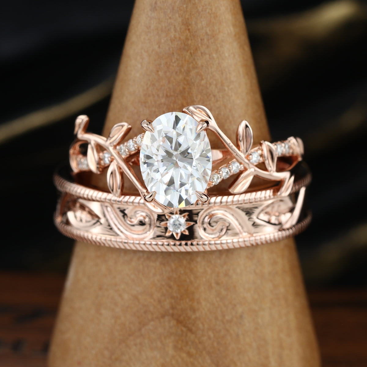 Nature Inspired Oval cut Moissanite Leaf Gold Engagement Ring