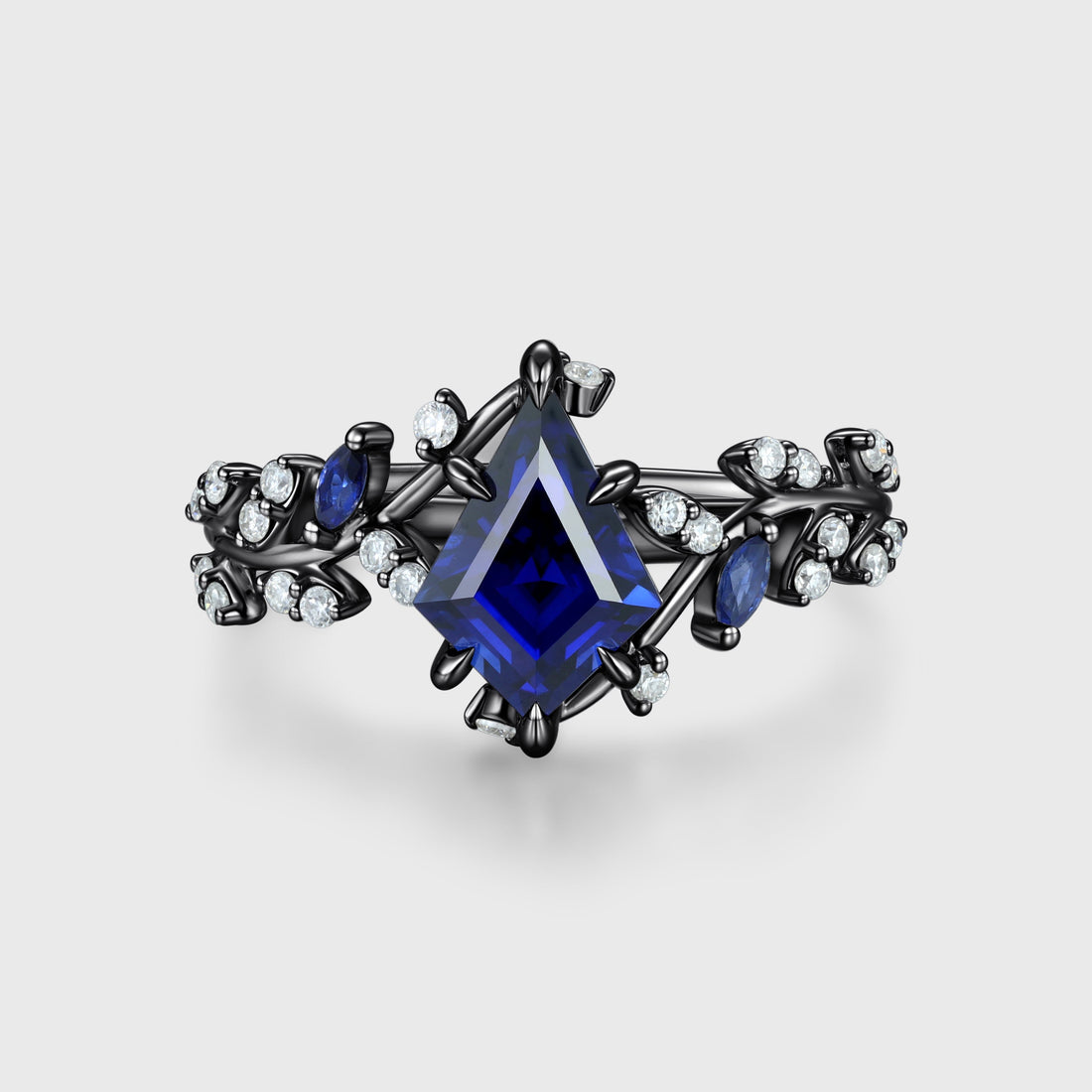 Nature Inspired Kite cut Lab Blue Sapphire Leaf Gold Engagement Ring