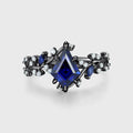 Nature Inspired Kite cut Lab Blue Sapphire Leaf Gold Engagement Ring
