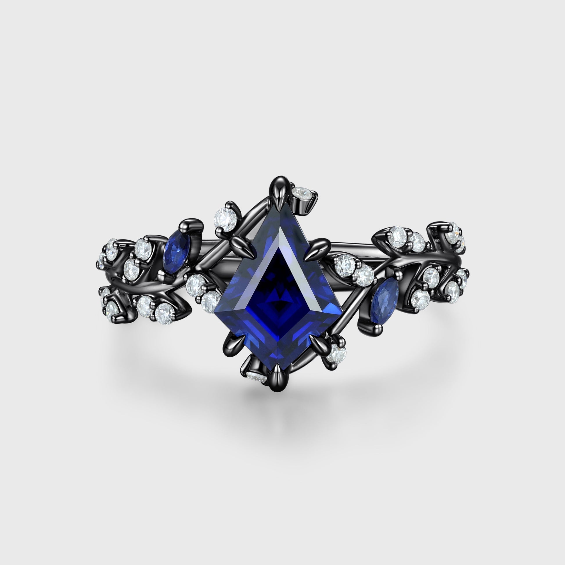 Nature Inspired Kite cut Lab Blue Sapphire Leaf Gold Engagement Ring