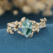 Nature Inspired Long Hexagon cut Moss Agate Leaf Gold Engagement Ring