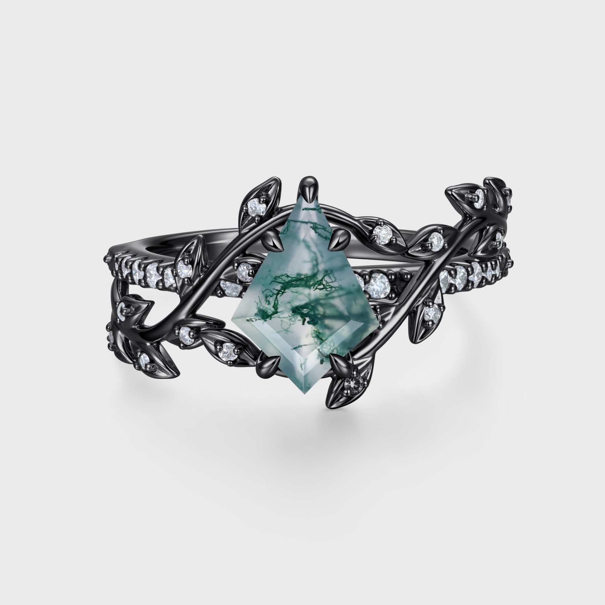 Kite Cut Natural Green Moss Agate Cluster Engagement Ring