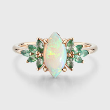 Marquise cut Opal Cluster Moss Agate Engagement Ring