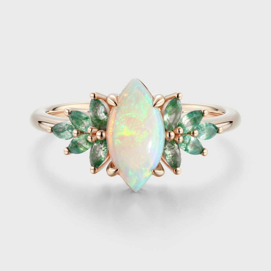 Marquise cut Opal Cluster Moss Agate Engagement Ring