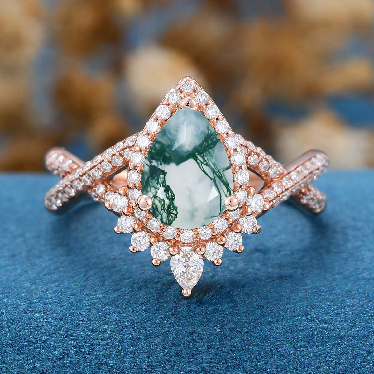 Pear Cut Natural Green Moss Agate Cluster Engagement Ring