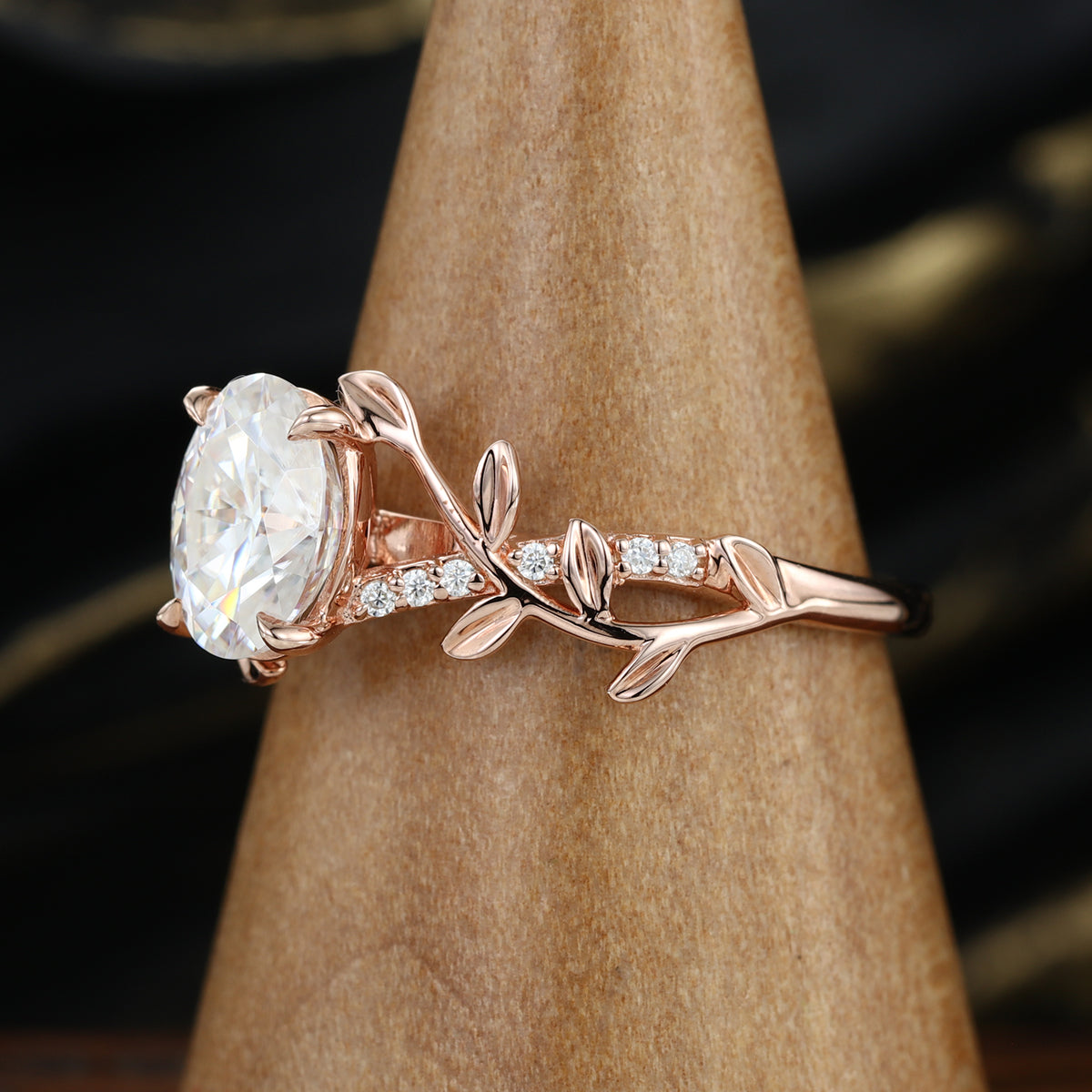 Nature Inspired Oval cut Moissanite Leaf Gold Engagement Ring