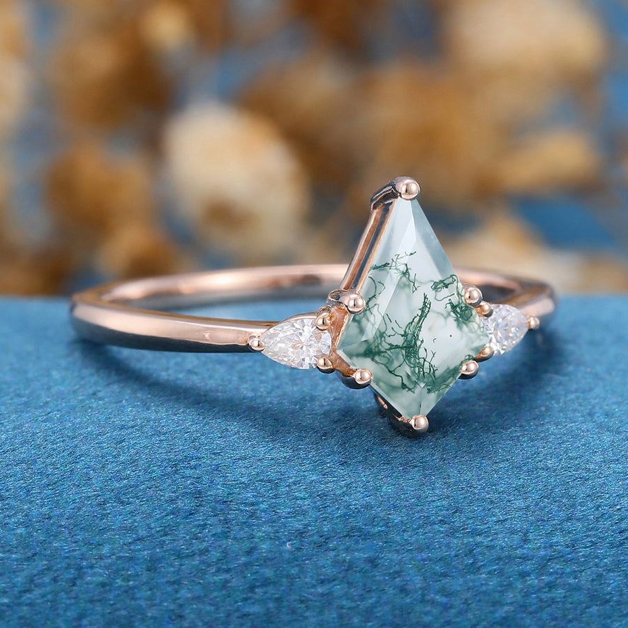 Kite Cut Natural Green Moss Agate Cluster Engagement Ring 