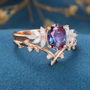 Oval cut Alexandrite Cluster Engagement Ring Bridal Set 