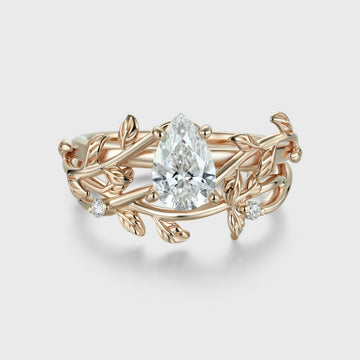 Nature Inspired Pear cut Moissanite Leaf Gold ring set
