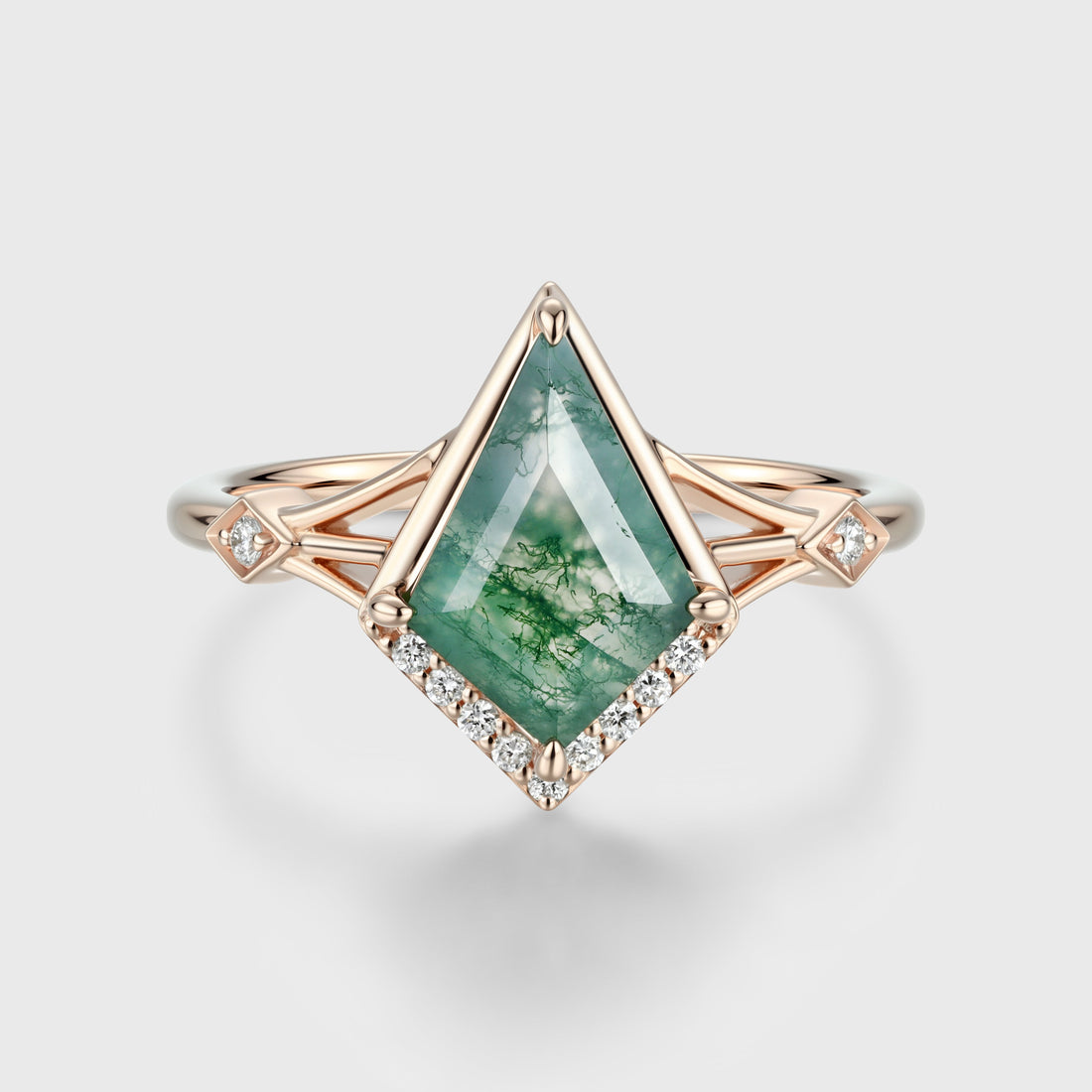 Bezel Set Kite cut Moss Agate Solid Gold Pave Diamonds Engagement Ring