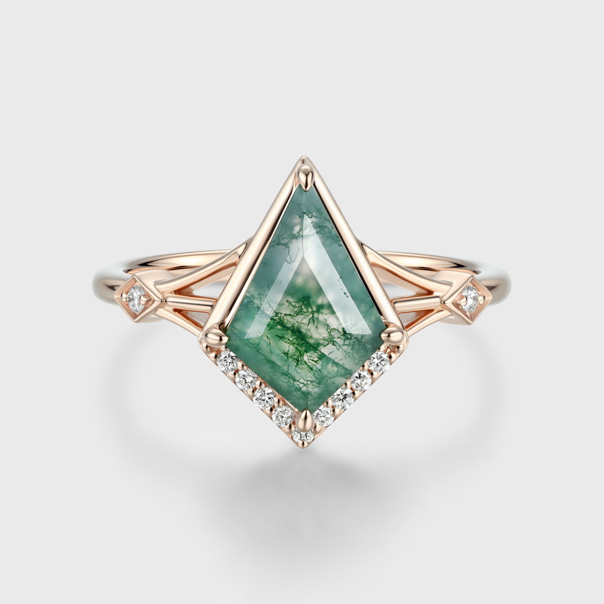 Bezel Set Kite cut Moss Agate Solid Gold Pave Diamonds Engagement Ring
