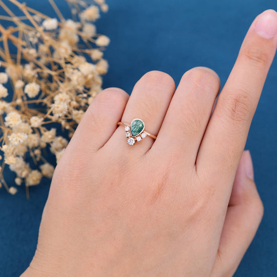 Bezel setting Pear cut Moss Agate Halo Moissanite | Diamonds Gold Engagement Ring