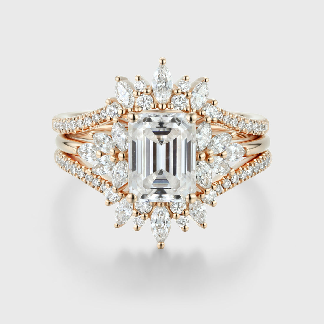 1.7Carat Vintage Emerald cut Moissanite Cluster Engagement Ring Set