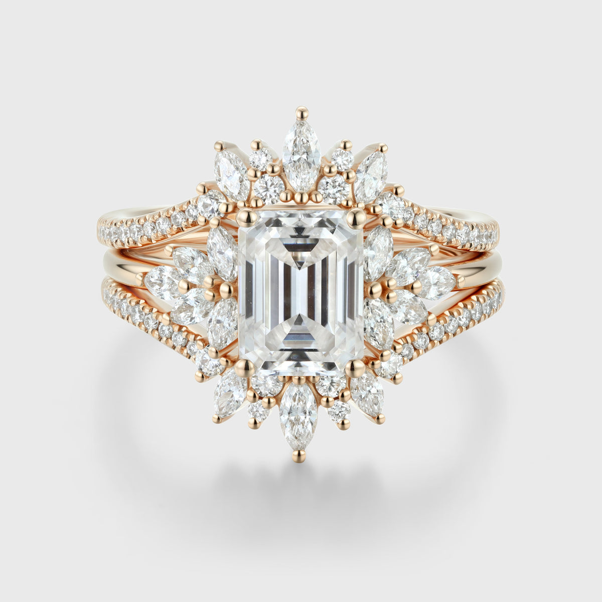 1.7Carat Vintage Emerald cut Moissanite Cluster Engagement Ring Set