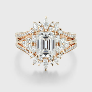 1.7Carat Vintage Emerald cut Moissanite Cluster Engagement Ring Set