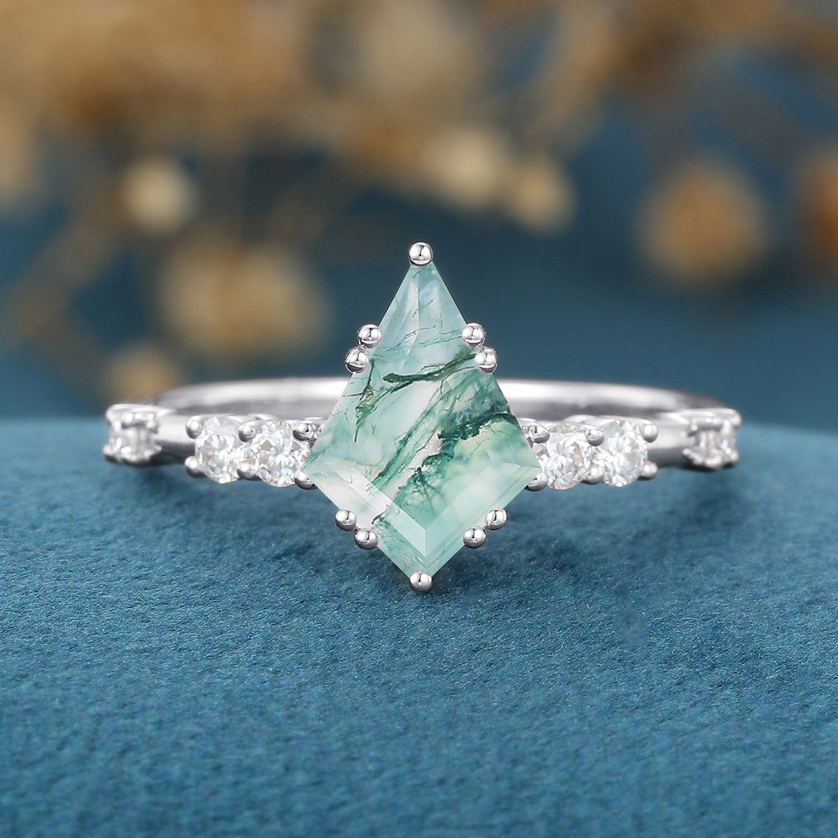 Kite Cut Natural Green Moss Agate Cluster Engagement Ring