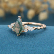 1.4Carat Kite Cut Natural Green Moss Agate Cluster Engagement Ring