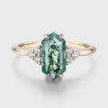 Long Hexagon cut Moss Agate Matching Moissanite | Diamonds Gold Engagement Ring