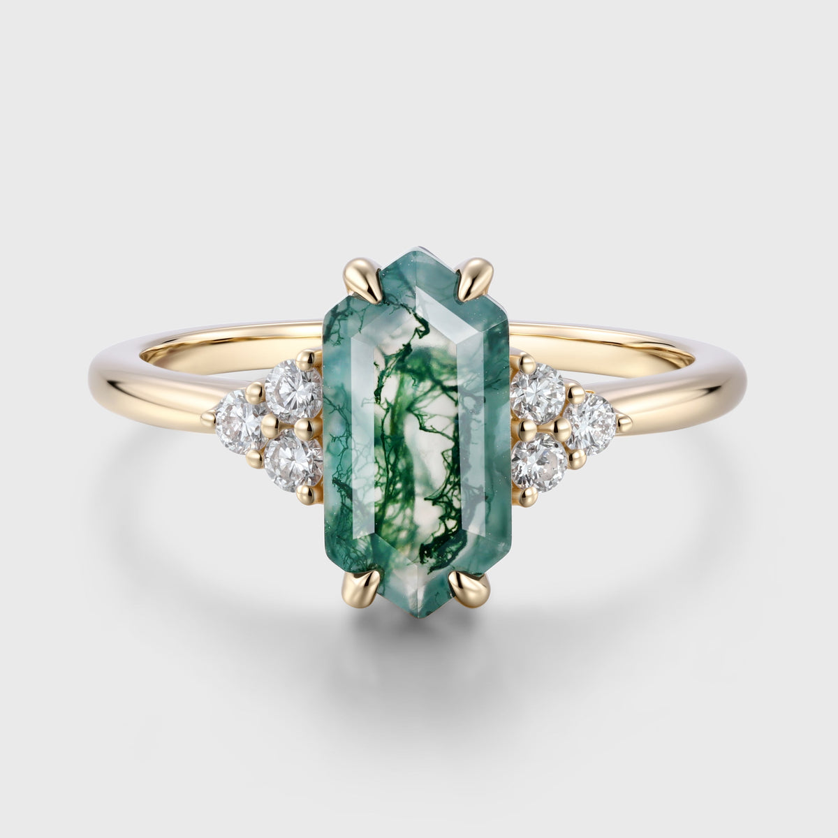 Long Hexagon cut Moss Agate Matching Moissanite | Diamonds Gold Engagement Ring