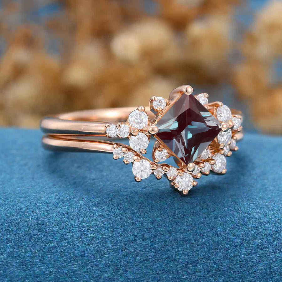 Princess cut Alexandrite | Diamond Engagement Ring Bridal Set 