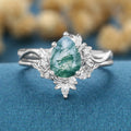 1.2Carat Pear Cut Moss Agate Cluster Engagement ring Bridal Set