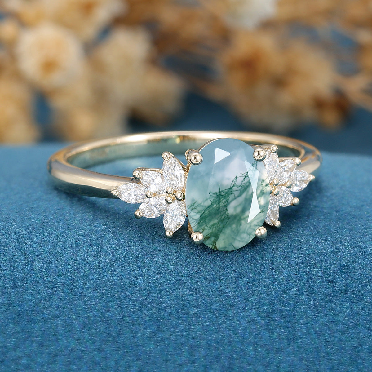 Natural Green Moss Agate Oval cut cluster Engagement Ring 