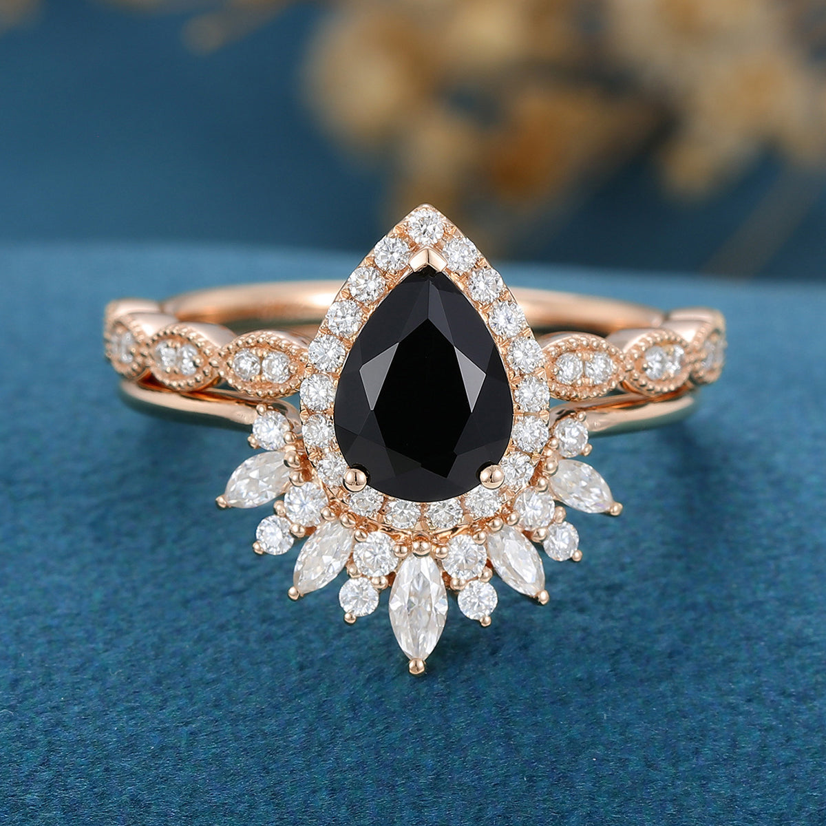 Pear Black Onyx Halo Diamond Half Eternity Engagement ring