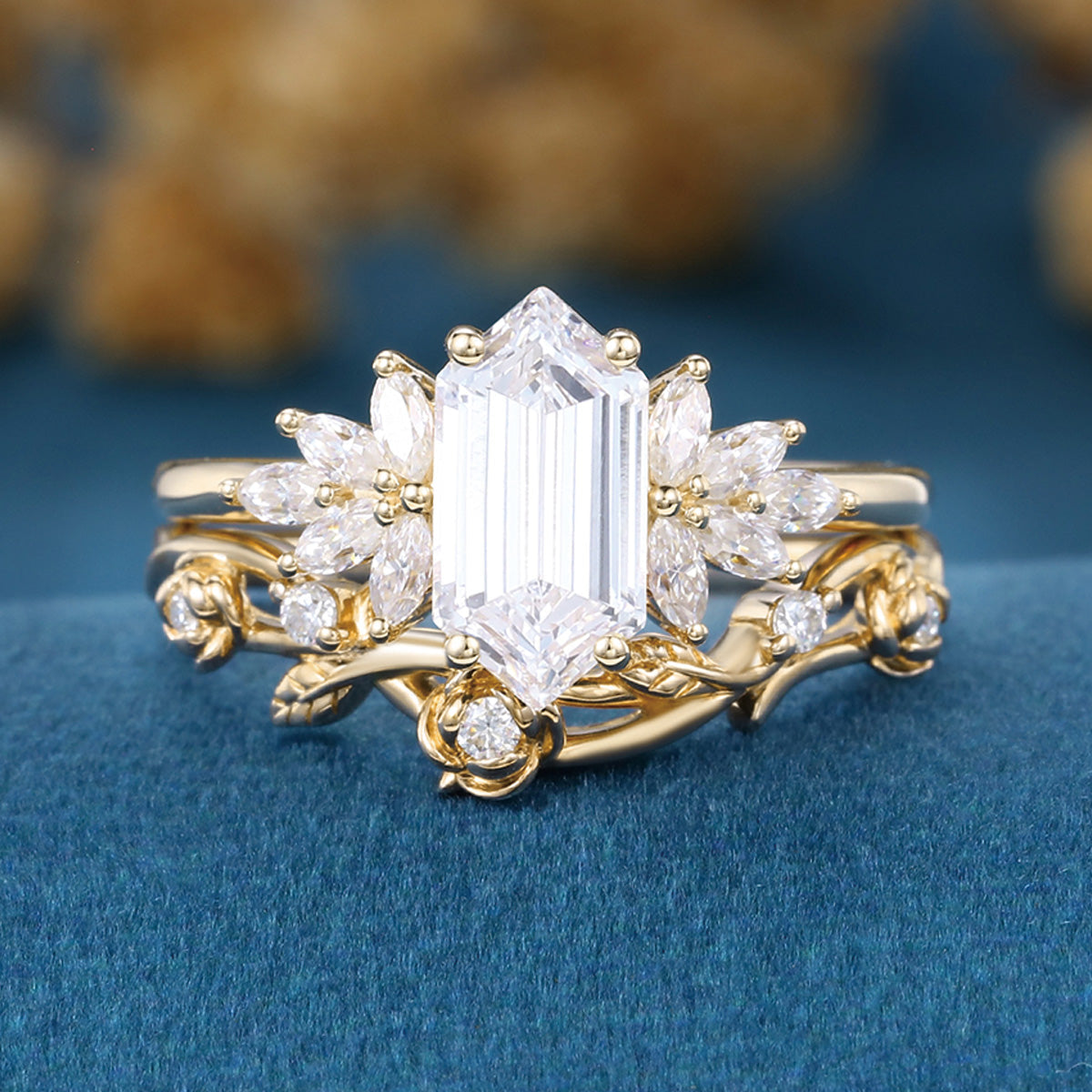Hexagon cut Lab grown Diamond Wedding bridal set