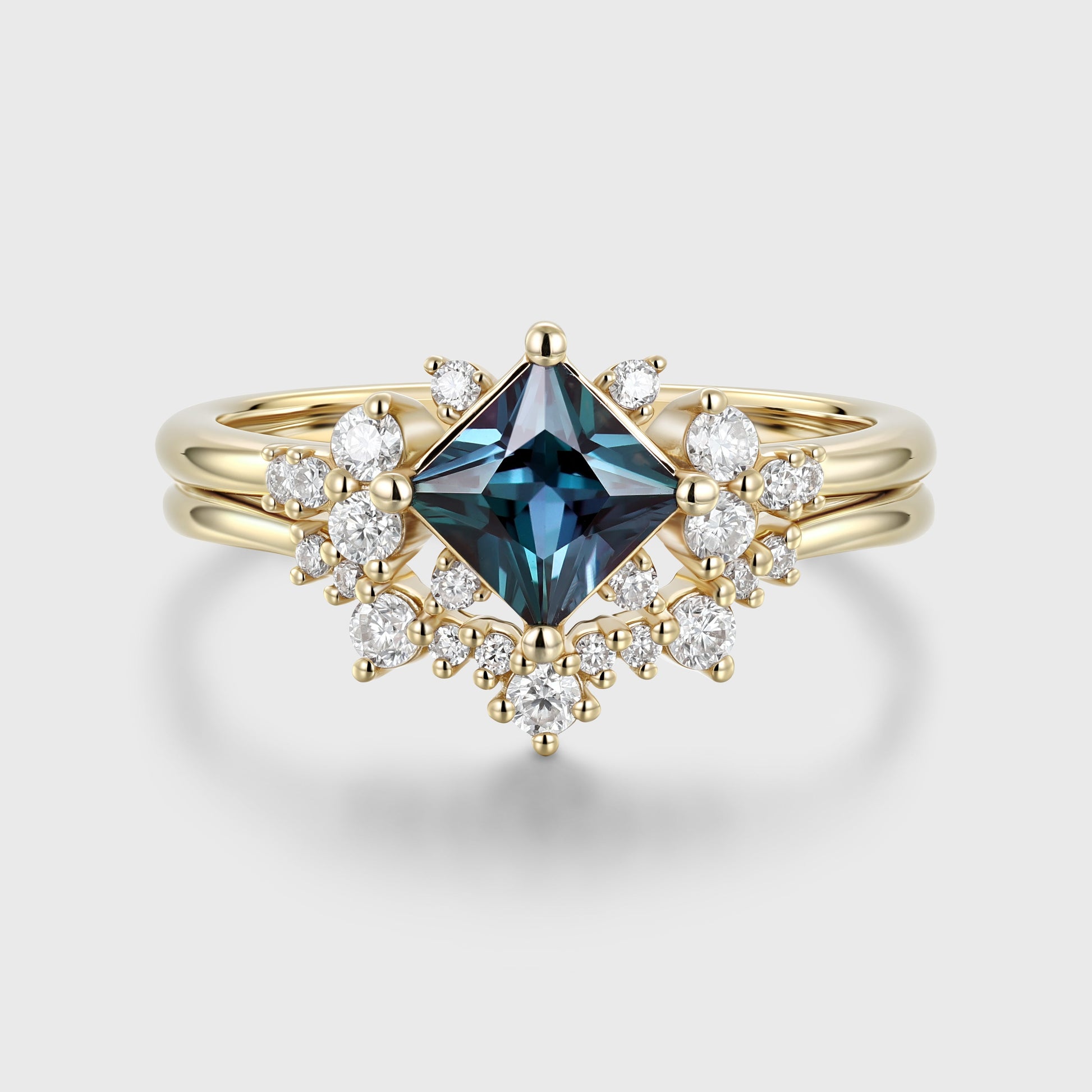 Princess cut Lab Alexandrite | Diamond Engagement Ring Bridal Set