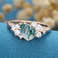 Pear Cut Natural Green Moss Agate Cluster Engagement Ring 