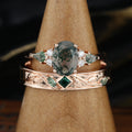 Forever Glow Moss Agate Couple Rings | Rose Gold Leaf Wedding Bridal Set