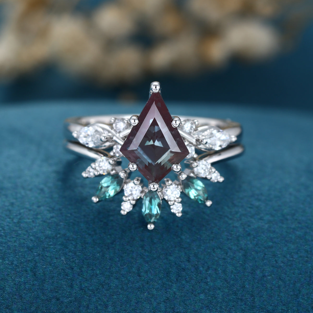 1.3 Carat Kite Cut Lab Alexandrite Wedding bridal set