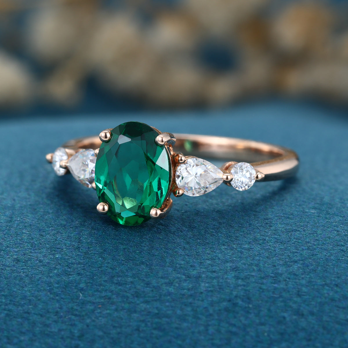 Oval cut Lab grown Emerald Solid Gold Engagement Ring