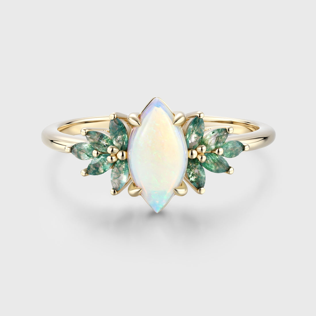 Marquise cut Opal Cluster Moss Agate Engagement Ring