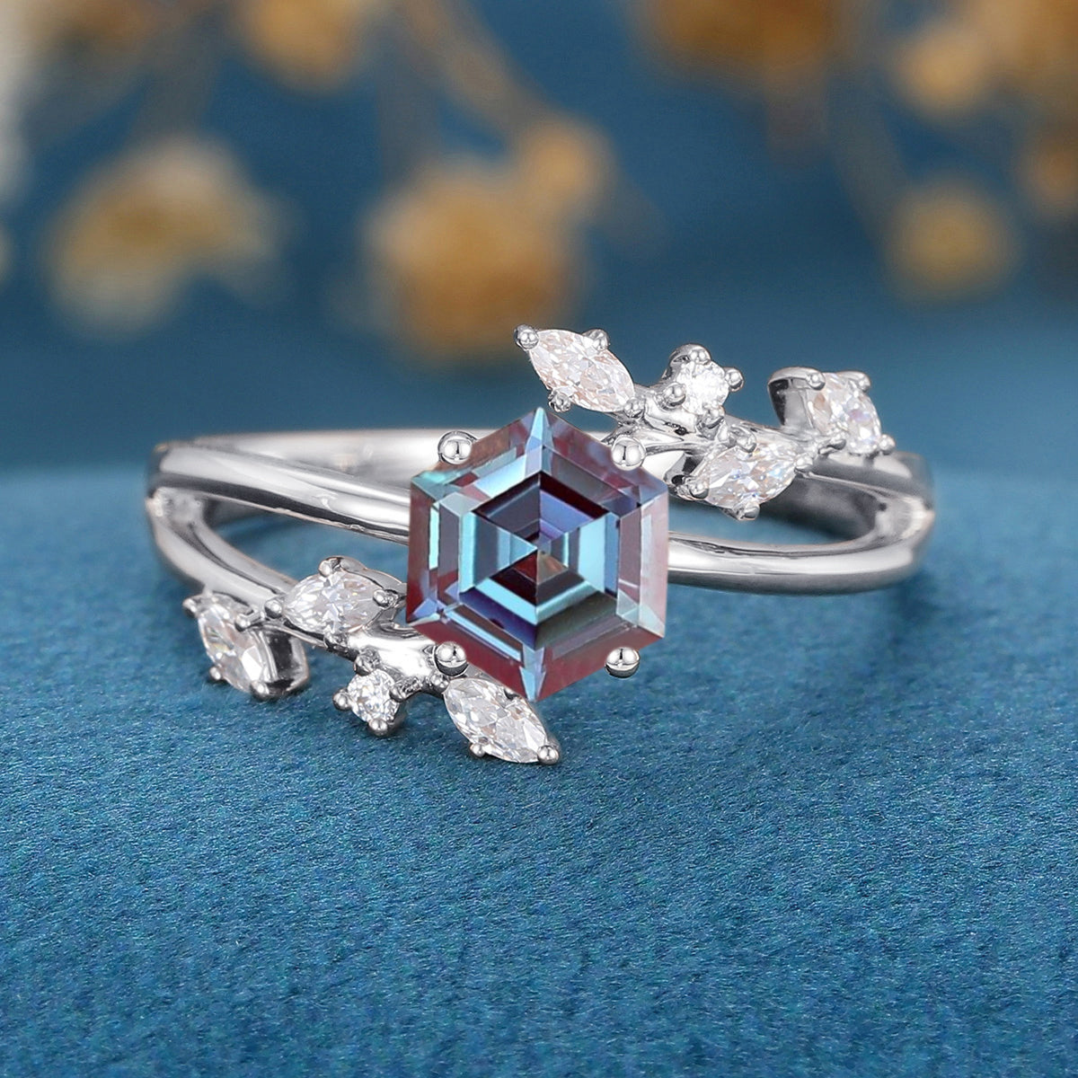 Hexagon cut Alexandrite | Diamond Engagement ring