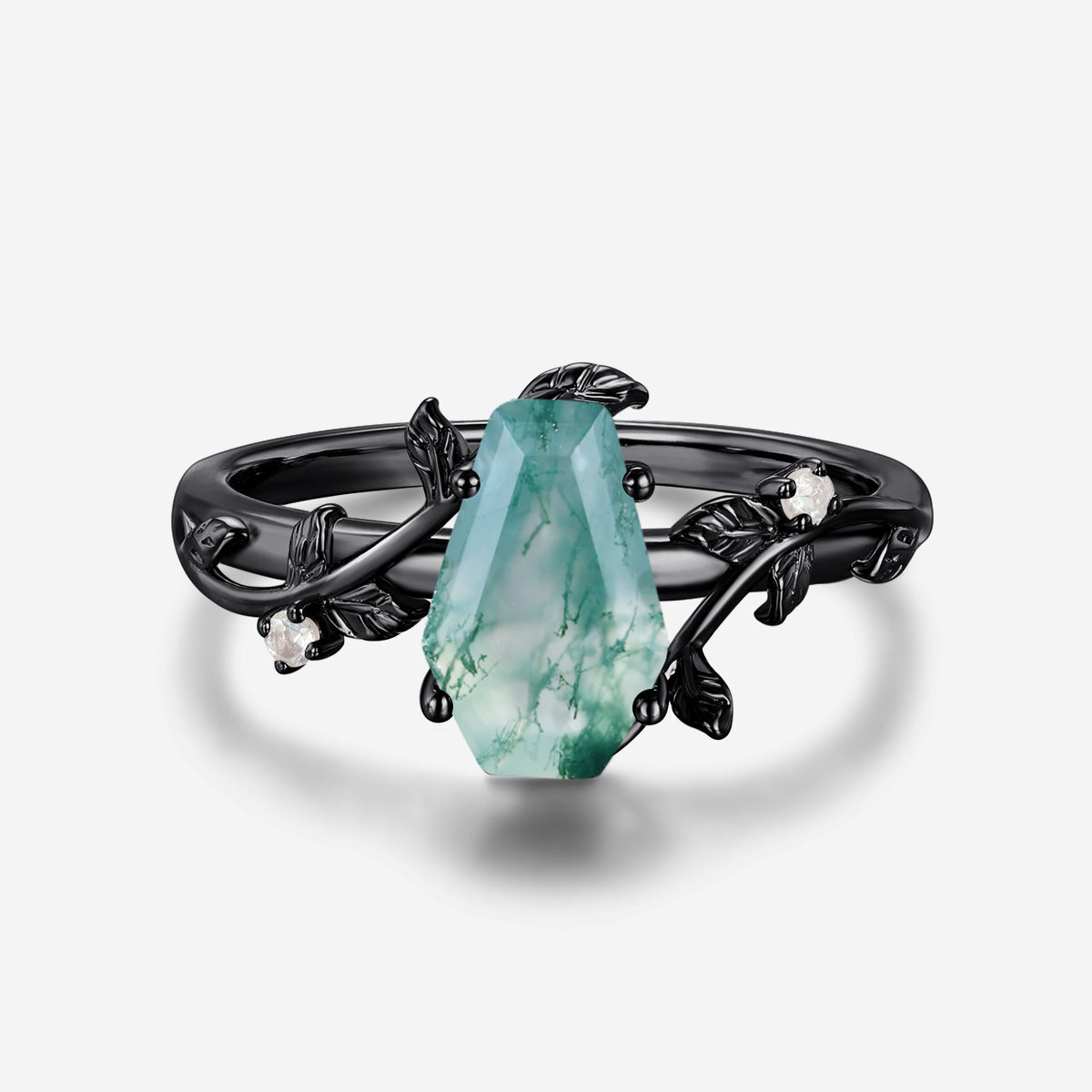 Coffin Cut Natural Green Moss Agate  Engagement Ring