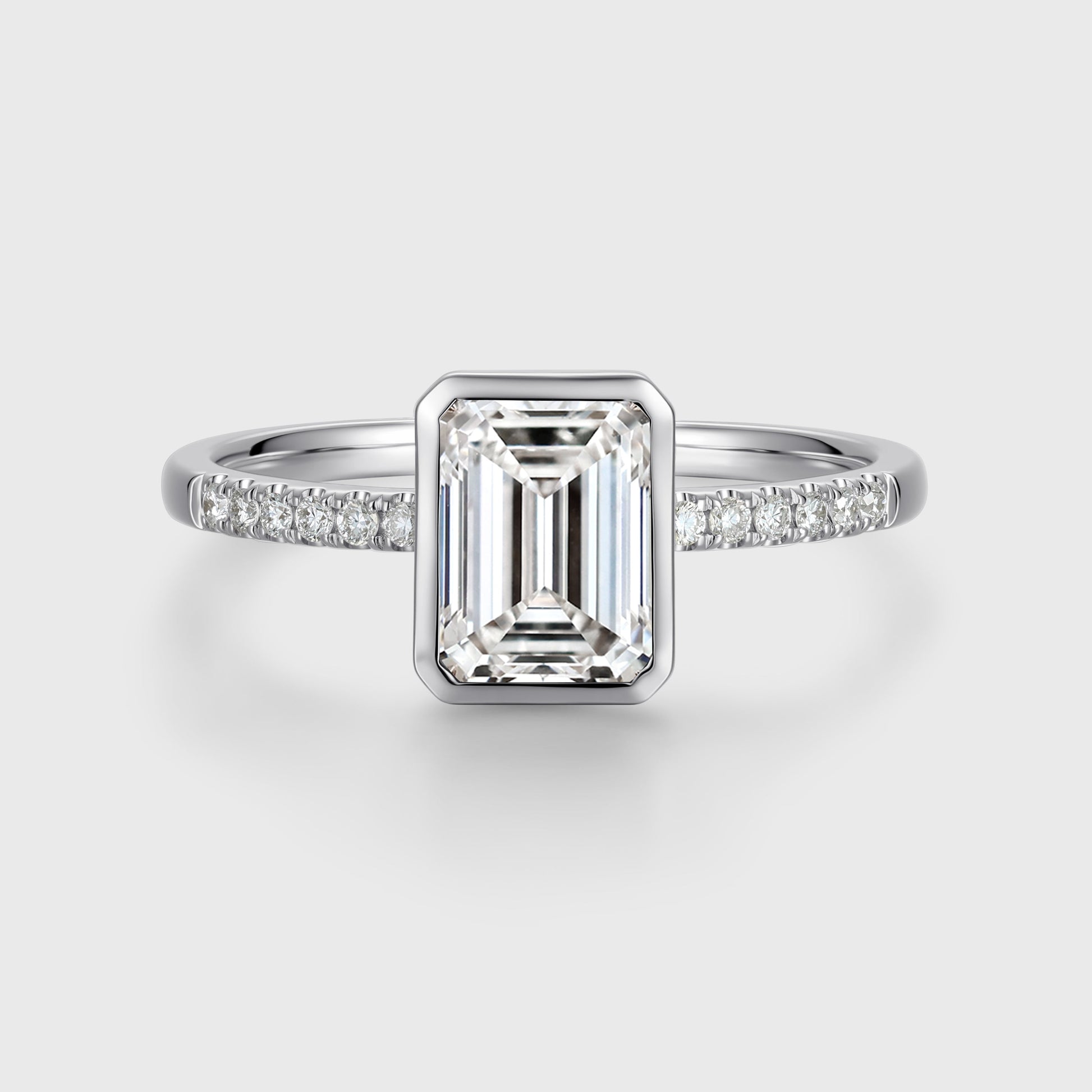 Bezel setting Emerald cut Lab grown Diamond Half Eternity Sold Gold Engagement Ring
