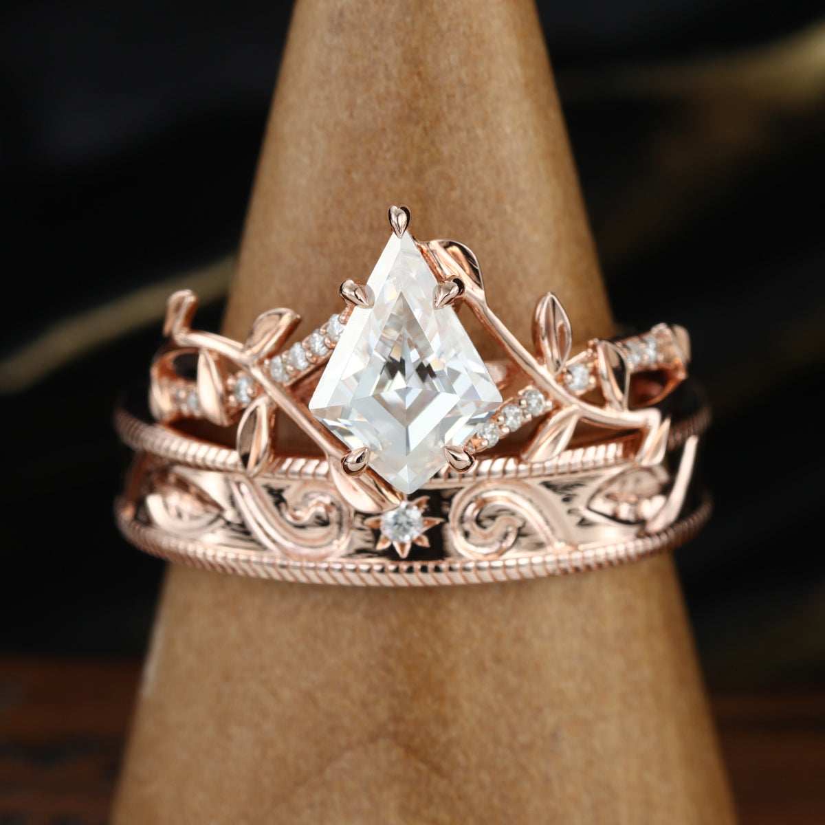 Forever Glow Moissanite Couple Rings |  D Color VVS1 | Rose Gold Leaf Wedding Bridal Set