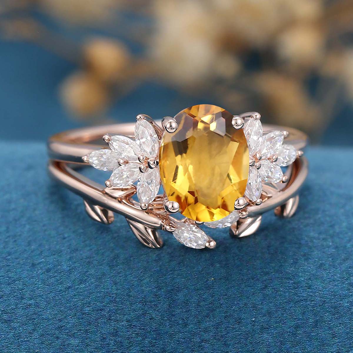 Oval cut Citrine Cluster Engagement ring Bridal Set 