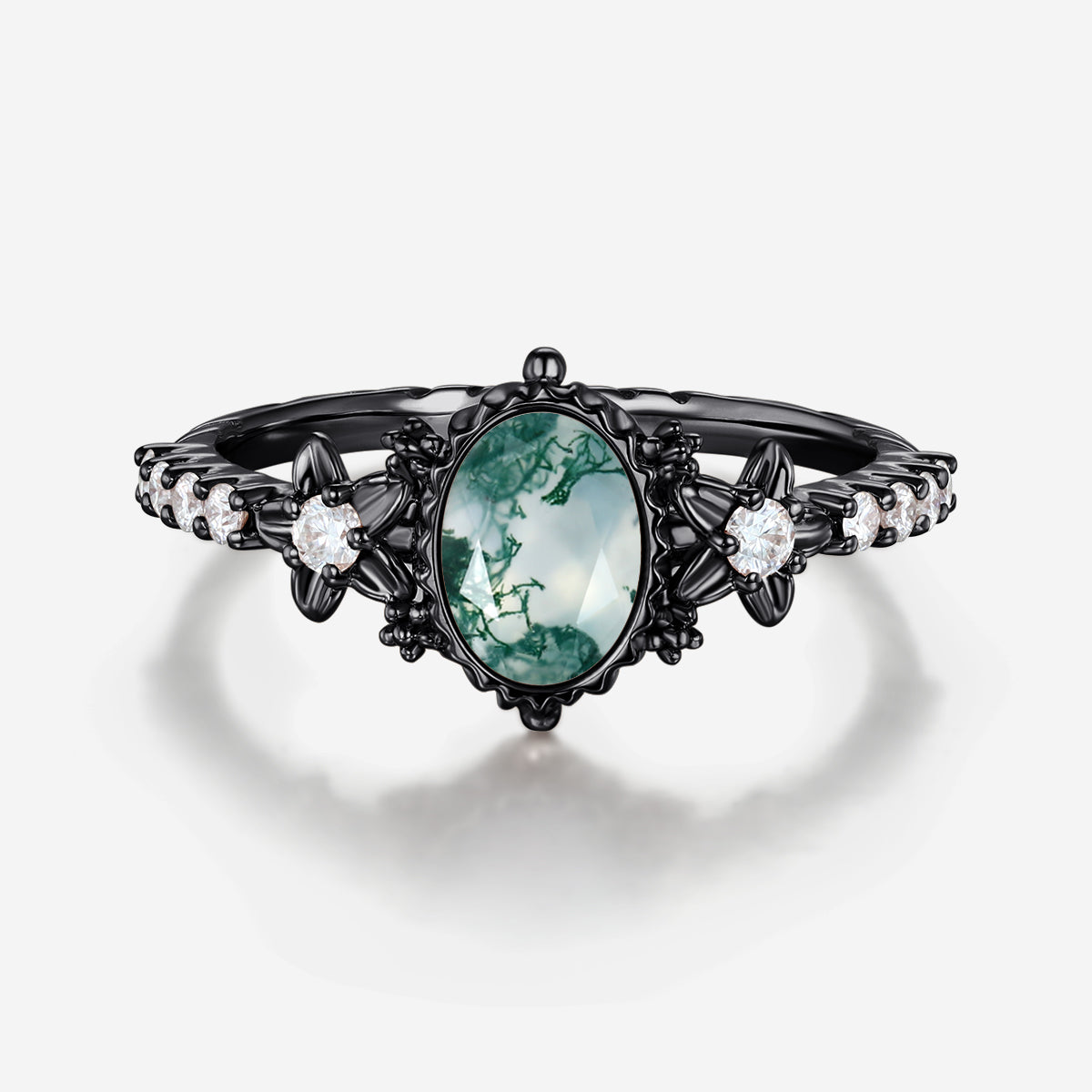 Bezel setting Oval cut Moss Agate Halo Moissanite | Diamonds Gold Engagement Ring