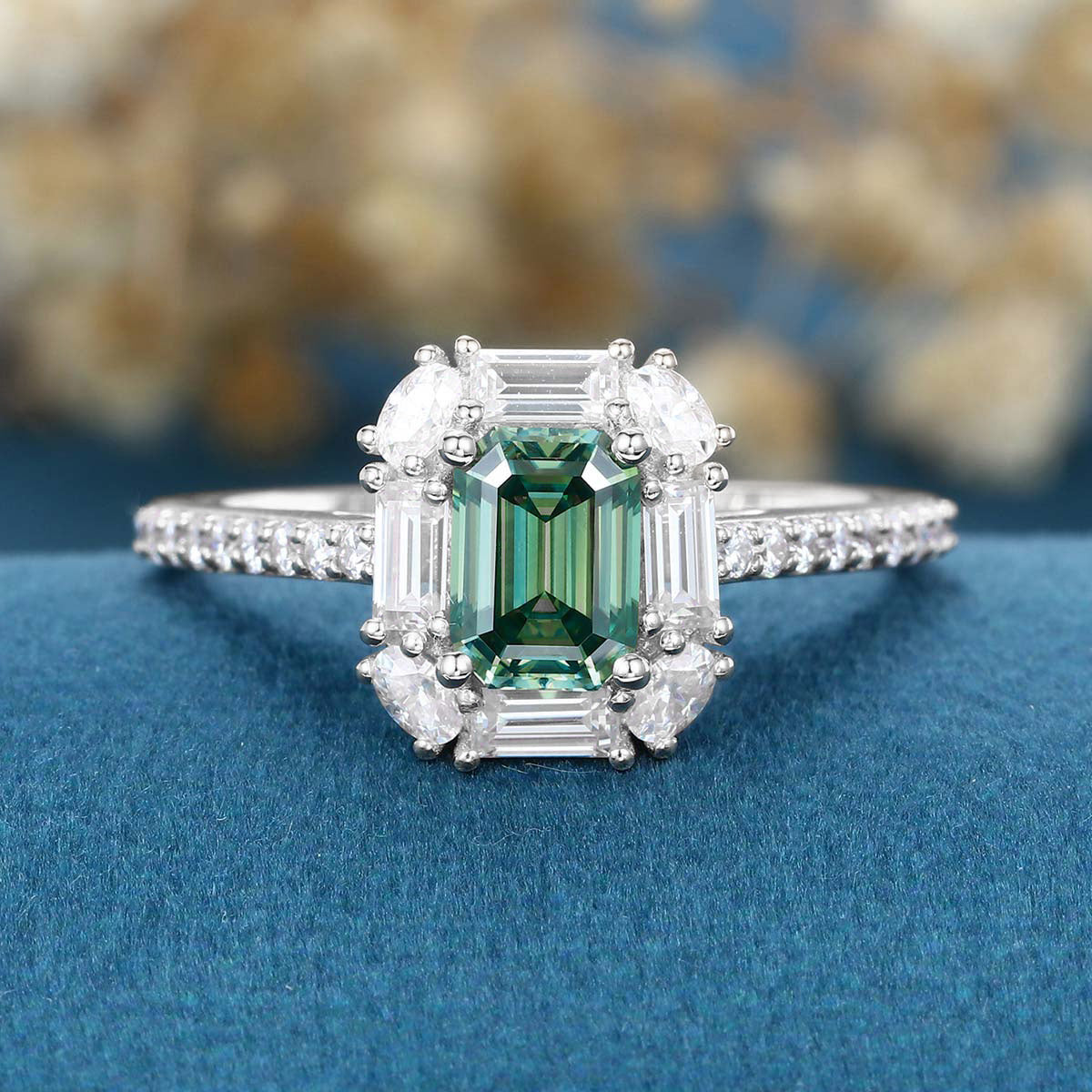 Emerald Cut Green Moissanite Rose Gold Halo Ring Half Eternity Moissanite Engagement Ring