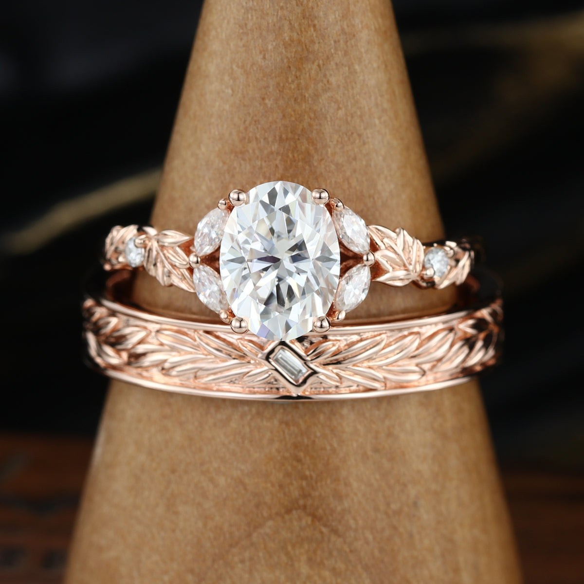 Nature Inspired Moissanite Couple Rings | D Color VVS1 | Rose Gold Leaf Wedding Bridal Set
