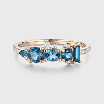 London Blue Topaz Matching Moissanite | Diamond Half Eternity Wedding Band