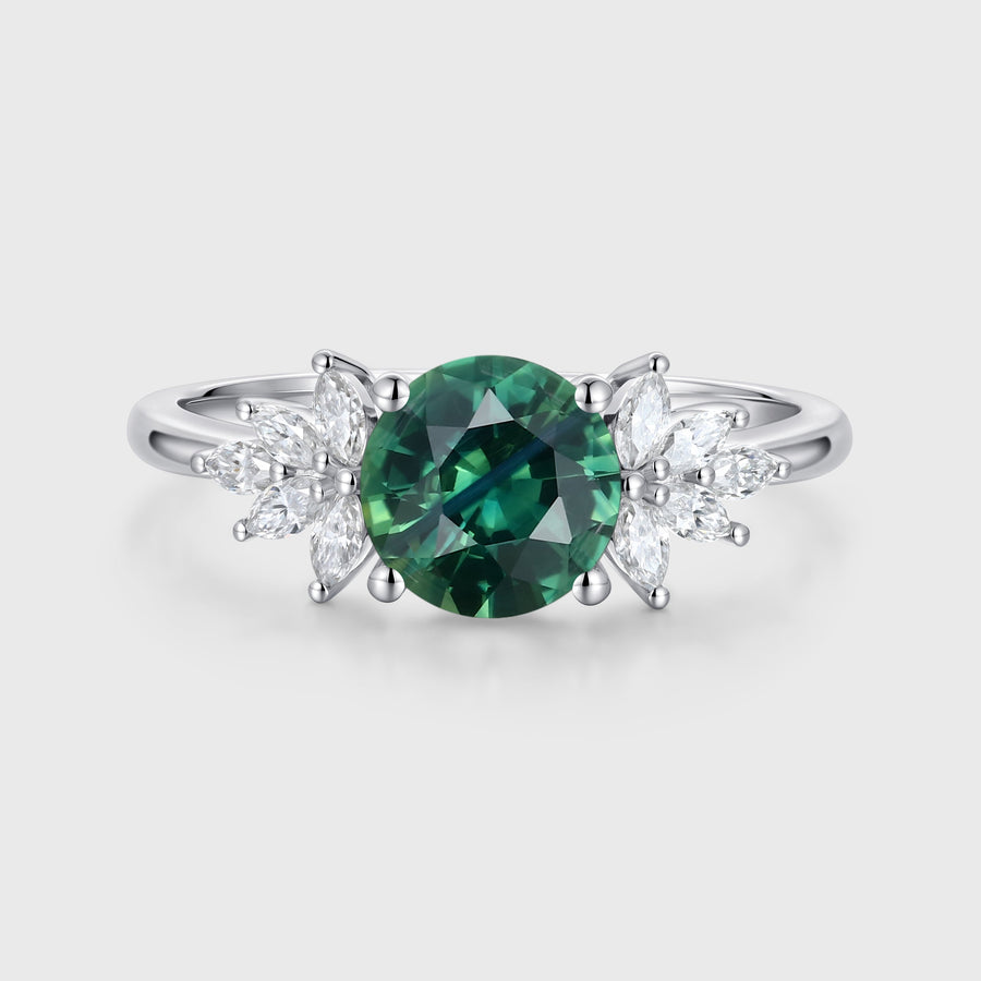 Round Blue green sapphire Cluster Engagement ring
