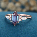Long Hexagon cut Lab Alexandrite Solid Gold Engagement Ring