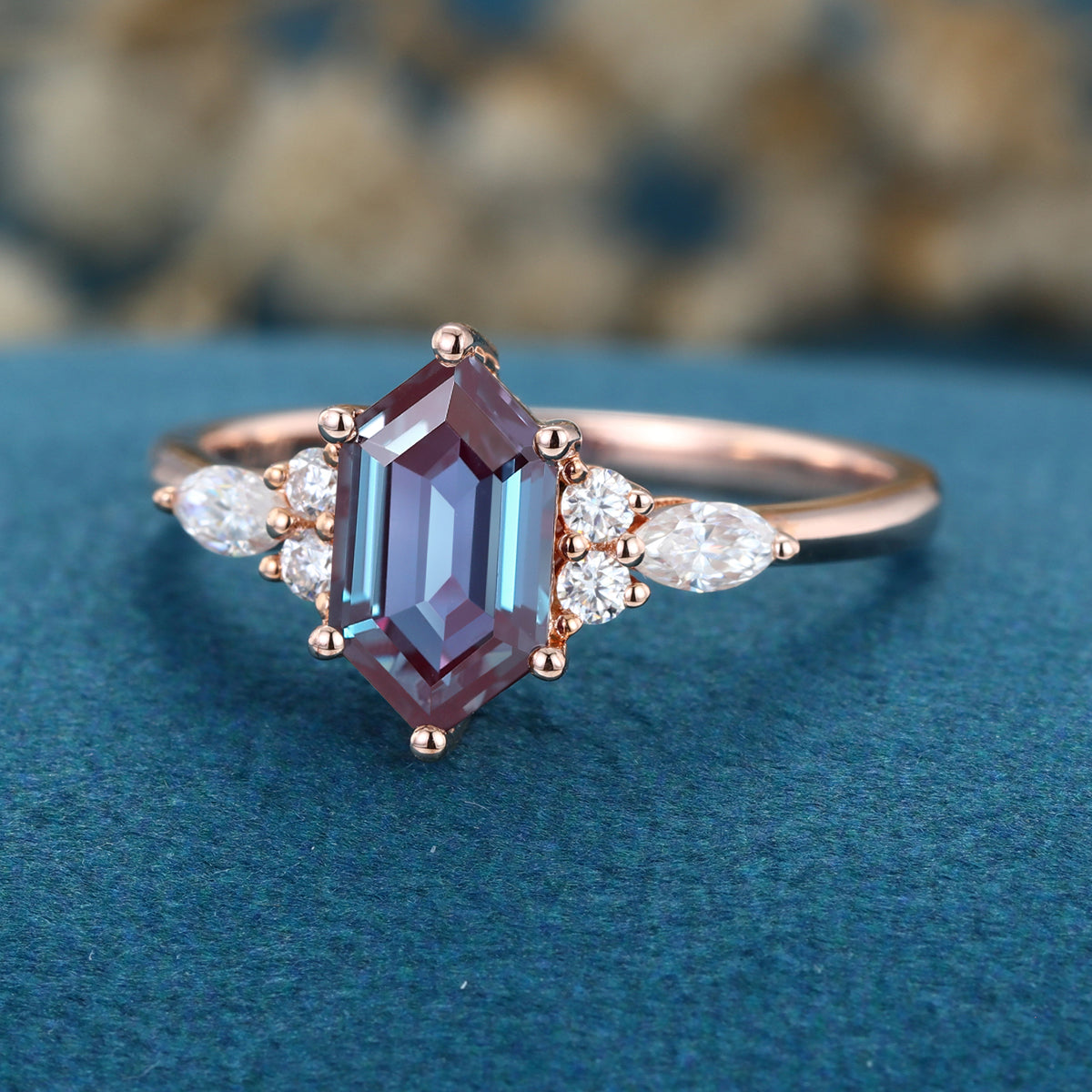 Long Hexagon cut Lab Alexandrite Solid Gold Engagement Ring