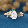 Pear cut Moissanite Engagement ring + Lab Emerald Engagement Ring