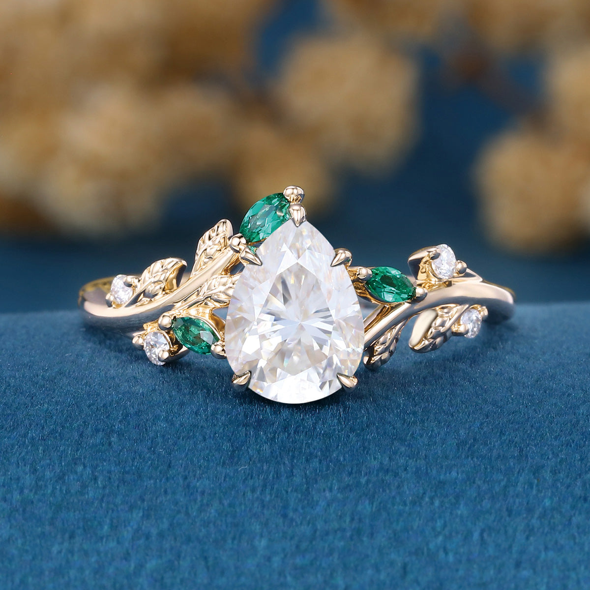 Pear cut Moissanite Engagement ring + Lab Emerald Engagement Ring