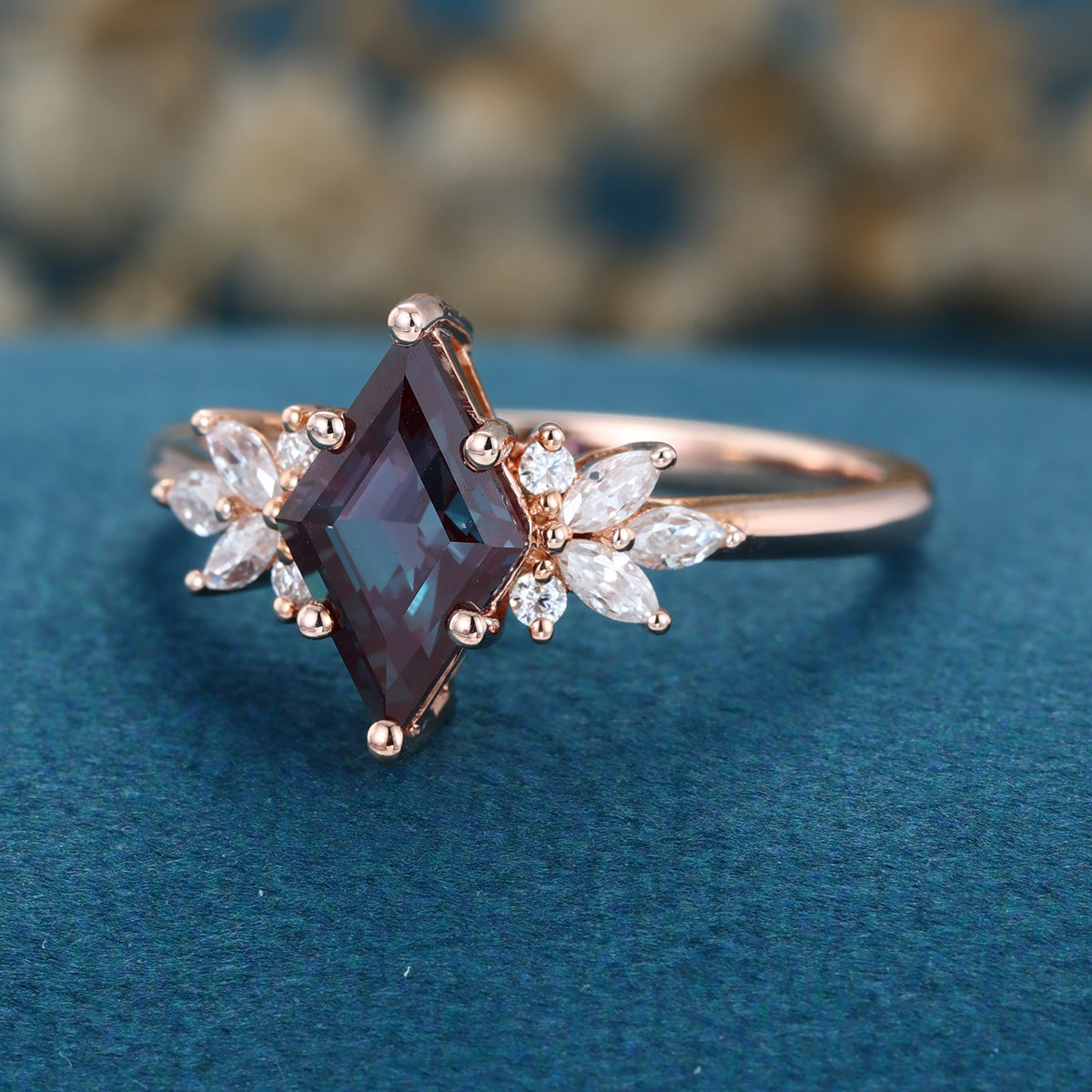 Lozenge cut Lab Alexandrite Solid Gold Engagement Ring
