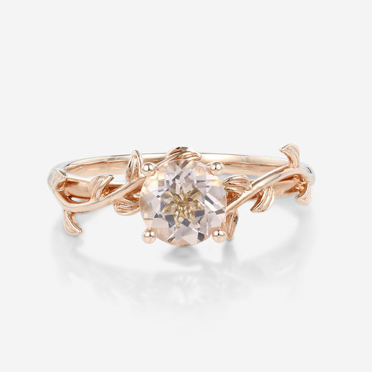 Nature Inspired Round cut Morganite Leaf Gold Engagement Ring